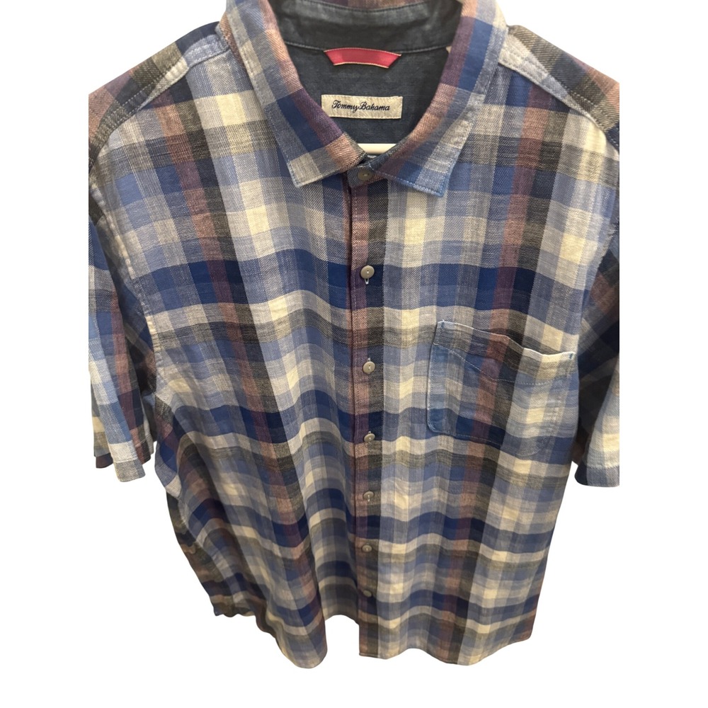 Tommy Bahama Mens XL Blue Plaid Short Sleeve Cotton Button Down Shirt Pocket